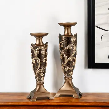 Set of Two Brown and Gold Polyresin Floral Centerpiece Pillar Candle Holders With Candle