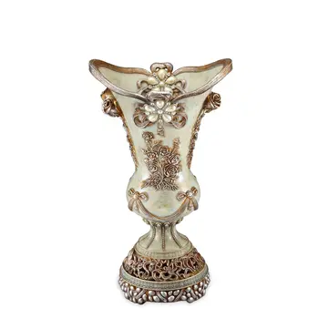 16" Green Bronze and Silver Floral Trumpet Polyresin Table Vase With Stones