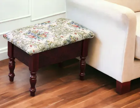 12" Ivory Green and  Mahogany Wood And Floral Upholstery Footstool With Storage