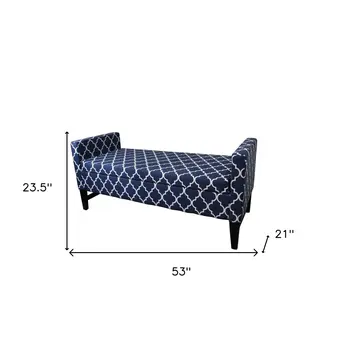 Blue and White Quatrefoil Dark Wood Storage Bench