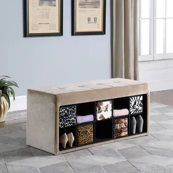 16" Black And Beige Upholstered 100% Polyester Entryway Bench With Shelves