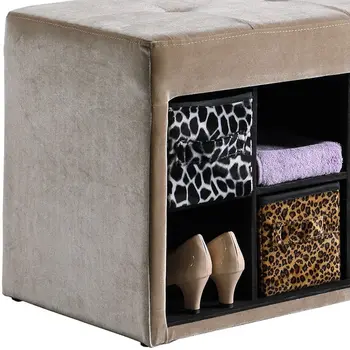 16" Black And Beige Upholstered 100% Polyester Entryway Bench With Shelves