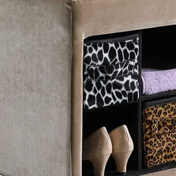 16" Black And Beige Upholstered 100% Polyester Entryway Bench With Shelves