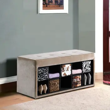 16" Black And Beige Upholstered 100% Polyester Entryway Bench With Shelves