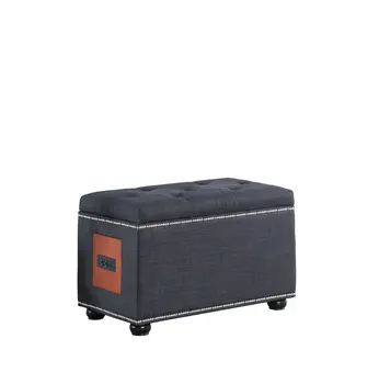 17" Slate Gray Linen And Black Tufted Storage