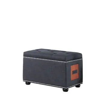 17" Slate Gray Linen And Black Tufted Storage