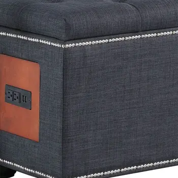 17" Slate Gray Linen And Black Tufted Storage