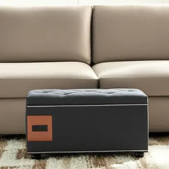 17" Slate Gray Linen And Black Tufted Storage