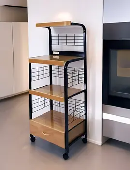 Black and Natural 26" Rolling Kitchen Cart With Storage