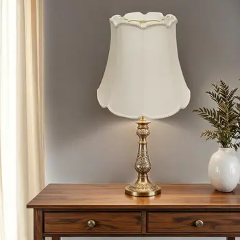 14" White Empire Slanted Cylinder Scroll Edge Silk Lampshade