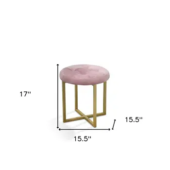 17" Pink Tufted Velvet and Gold Stool