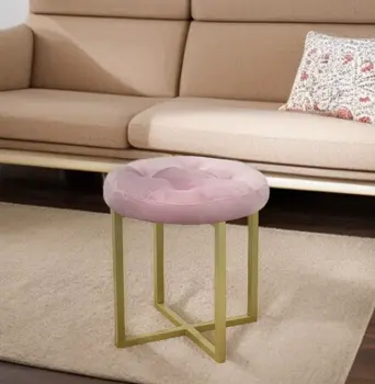 17" Pink Tufted Velvet and Gold Stool