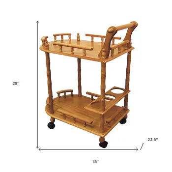 24" Oak Wood Rolling Bar Cart With Wine Storage