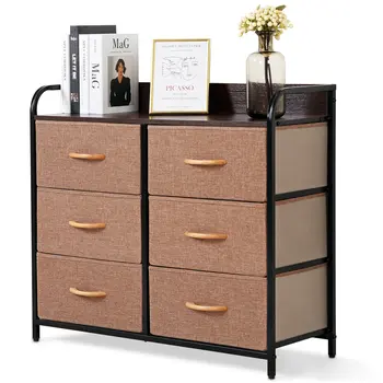 31" Brown Fabric and Metal Accent Chest With Two Shelves And Six Drawers