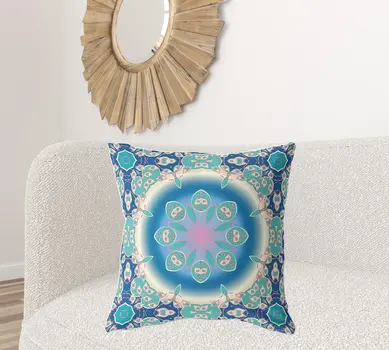 26" X 26" Blue And Turquoise Broadcloth Floral Throw Pillow