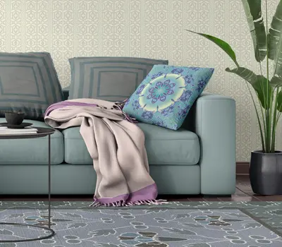26" X 26" Blue And Purple Broadcloth Floral Throw Pillow