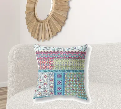 26" X 26" Yellow Zippered Patchwork Indoor Outdoor Throw Pillow Cover & Insert