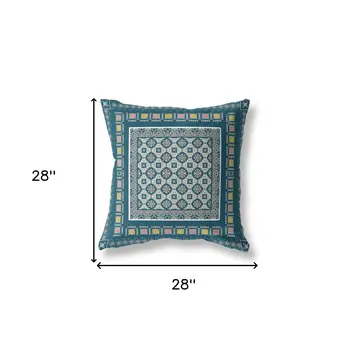 28" X 28" Blue And Beige Broadcloth Floral Throw Pillow