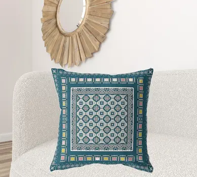 28" X 28" Blue And Beige Broadcloth Floral Throw Pillow