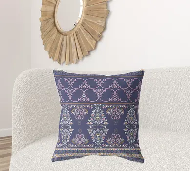 26" X 26" Blue And Pink Broadcloth Floral Throw Pillow