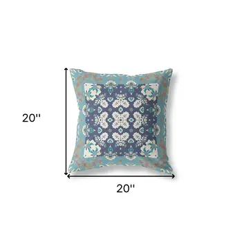 20" X 20" Gray And Blue Broadcloth Floral Throw Pillow
