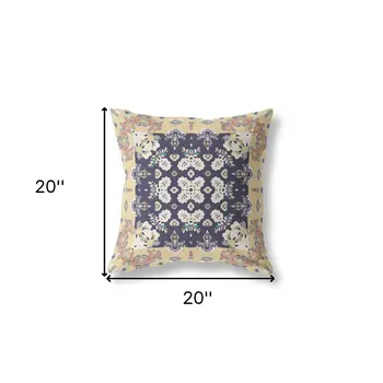 20" X 20" Yellow And Navy Broadcloth Floral Throw Pillow