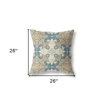 26" X 26" Muted Yellow And Teal Broadcloth Floral Throw Pillow