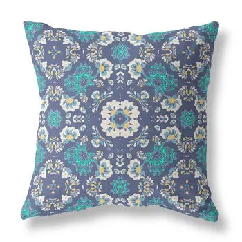 20" X 20" Blue And White Broadcloth Floral Throw Pillow