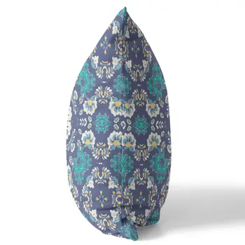 20" X 20" Blue And White Broadcloth Floral Throw Pillow