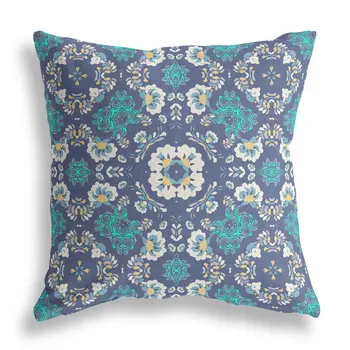 20" X 20" Blue And White Broadcloth Floral Throw Pillow