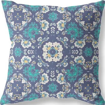 20" X 20" Blue And White Broadcloth Floral Throw Pillow