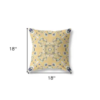 18" X 18" Yellow And Blue Broadcloth Floral Throw Pillow