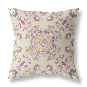 20" X 20" Off White And Purple Broadcloth Floral Throw Pillow