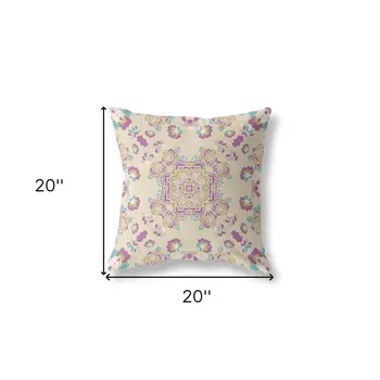 20" X 20" Off White And Purple Broadcloth Floral Throw Pillow