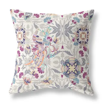 20" X 20" Off White And Pink Broadcloth Floral Throw Pillow