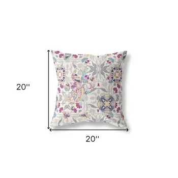 20" X 20" Off White And Pink Broadcloth Floral Throw Pillow