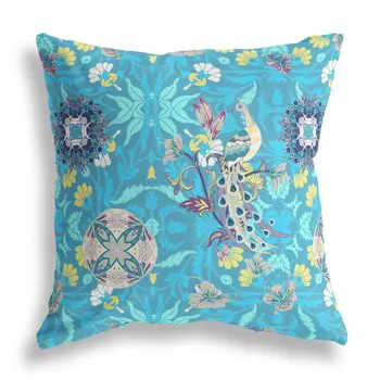28" X 28" Blue And Turquoise Broadcloth Floral Throw Pillow