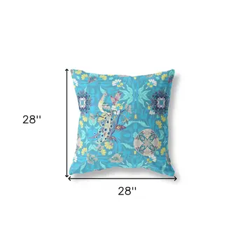 28" X 28" Blue And Turquoise Broadcloth Floral Throw Pillow