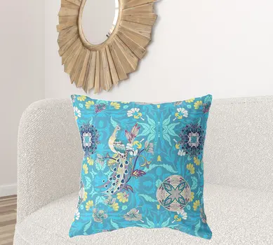 28" X 28" Blue And Turquoise Broadcloth Floral Throw Pillow