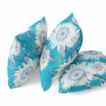 20" X 20" Blue Aqua And White Broadcloth Floral Throw Pillow