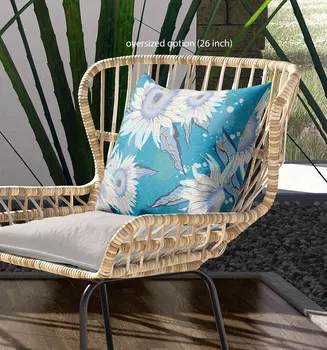 20" X 20" Blue Aqua And White Broadcloth Floral Throw Pillow