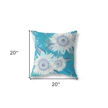 20" X 20" Blue Aqua And White Broadcloth Floral Throw Pillow