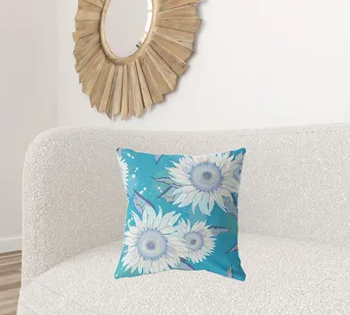 20" X 20" Blue Aqua And White Broadcloth Floral Throw Pillow