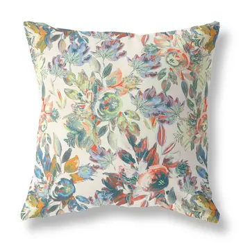 18" X 18" White, Yellow And Green Broadcloth Floral Throw Pillow