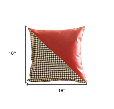 Set of Two 18" Red Black and White Houndstooth Fabric and Faux Leather Throw Pillows
