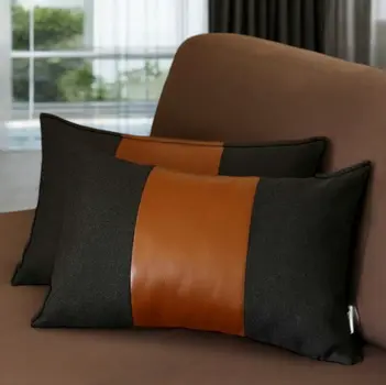 Set of Two 12" X 20" Black and Brown Color Block Fabric and Faux Leather Lumbar Throw Pillows