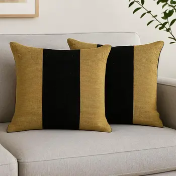 Set Of Two 18" X 18" Yellow And Black Geometric Zippered Handmade Polyester Throw Pillow