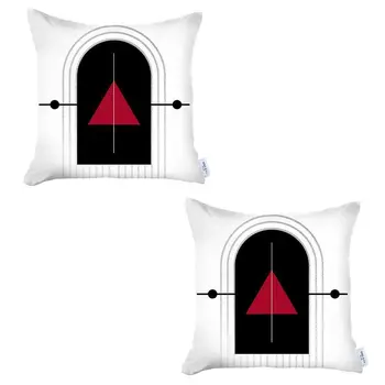 Set Of Two 18" X 18" Black And Red Abstract Zippered Handmade Polyester Throw Pillow