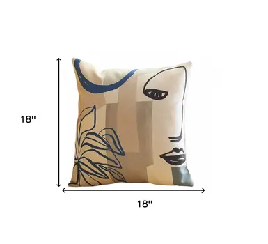 Set of Two 18" Ivory Blue and Gray Abstract Face Fabric Throw Pillows