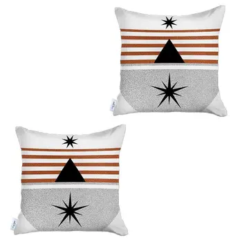 Set Of Two 18" X 18" Gray Black White And Red Abstract Zippered Handmade Polyester Throw Pillow
